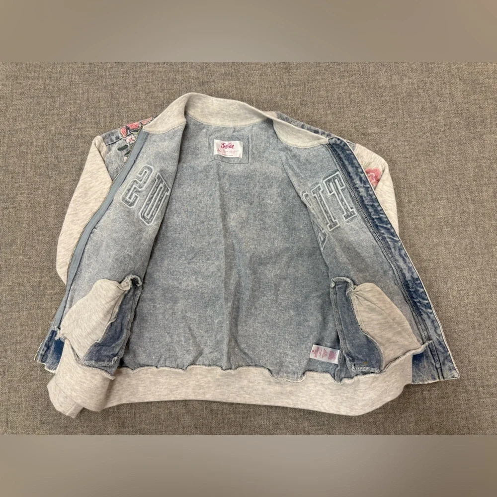 Justice Blue and Gray Bomber Jacket with Floral Design, Embroidery 0079